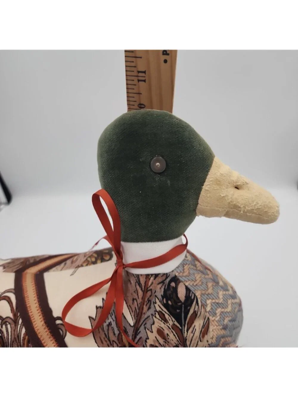 Vintage Mallard Duck Throw Pillow Plush Wool Tweed Calico Weighted Blue, Rust